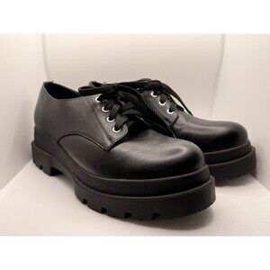 Womens Black Leather Chunky Lug 90s Style Platform Oxford Shoes Size 8